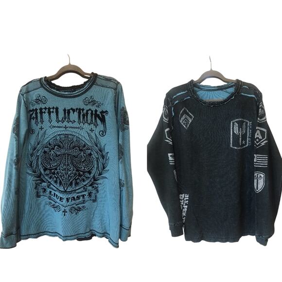 Affliction Reversible Thermal Shirt Frayed Seams Graphic Distressed Sz XX Men's - Picture 1 of 10